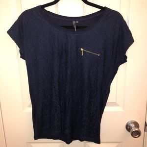 Navy Lace blouse with gold accents